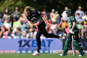 New Zealand's Kyle Jamieson delivers a spell during the opening match of the Men's T20 series against Pakistan at Hagley Oval.
